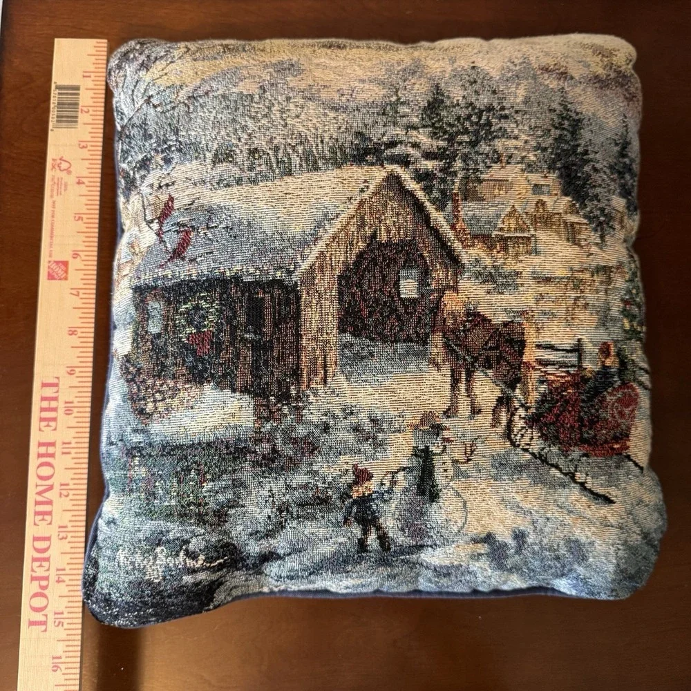 Vintage Nicky Boehme Tapestry Christmas‎ Barn w Horse & Sleigh Pillow